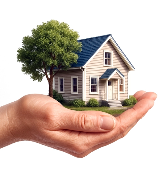 A hand gently cradles a tiny house with blue roof, beige siding, and a surrounding green tree, symbolizing protection and care in real estate.